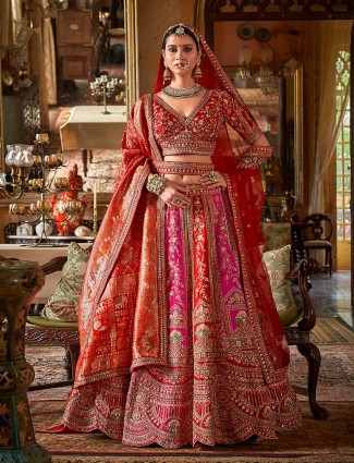 Pink and orange silk bridal lehenga choli