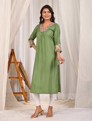 Pista green V neck cotton silk kurti