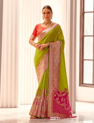 Pista green woven silk festive drape