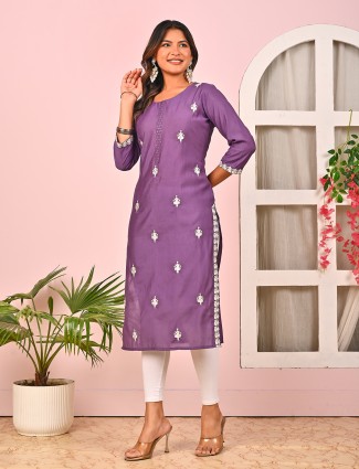 Purple casual cotton silk embroidered kurti