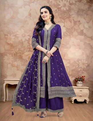 Purple silk v-neck palazzo suit