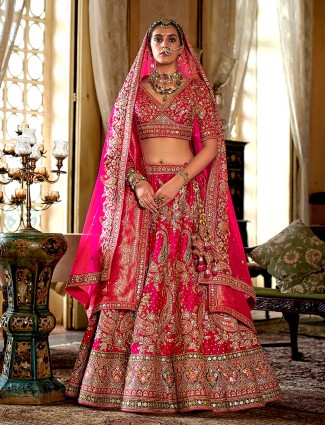 Rani pink silk bridal lehenga with beads and sequins