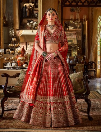 Red silk bridal lehenga with sequins embellishment