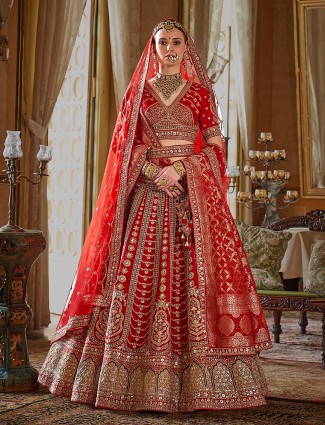 Red silk bridal lehenga with two dupattas