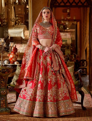 Red silk bridal lehenga with rich resham embroidery