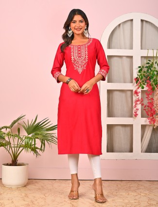 Red silk zari embroidered casual kurti