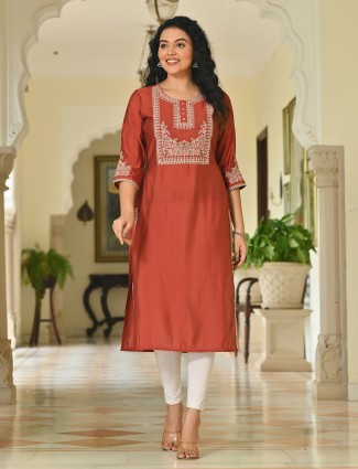 Rust embroidered casual cotton silk kurti