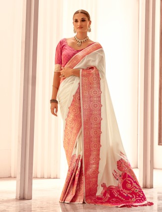 White and pink woven silk classic saree