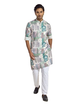 White green silk printed kurta for festival occasions