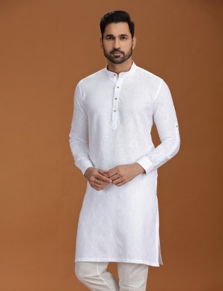 White embroidered linen kurta for formal ethnic wear