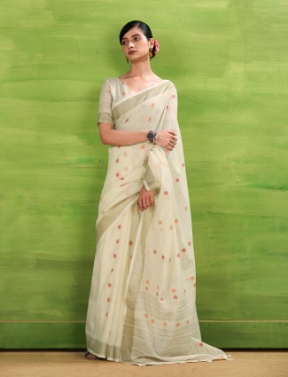 Beige linen silk festive zari saree