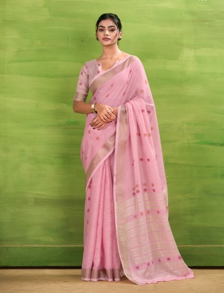Pink linen silk saree with zari border