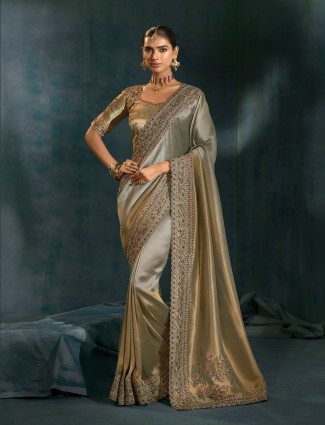 Grey silk festive saree enriched with zardosi craftsmanship