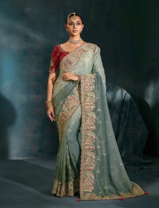 Grey silk saree for weddings with deep maroon blouse
