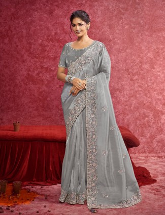 Grey tissue silk saree tailored for wedding celebrations