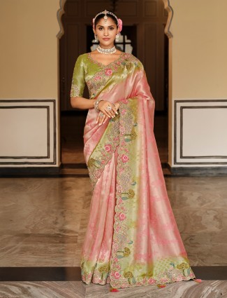 Peach shaded silk saree for wedding functions