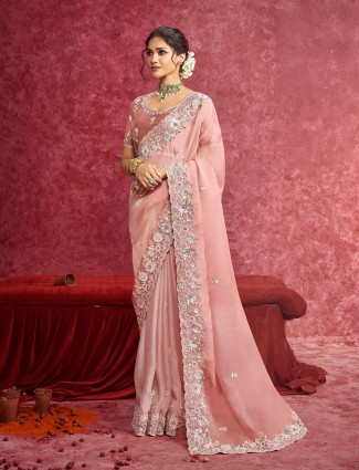 Peach tissue silk saree adorned with resham detailing