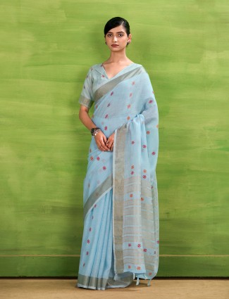 Sky blue linen silk saree with zari border