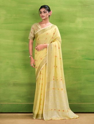 Yellow linen silk saree with zari detailing