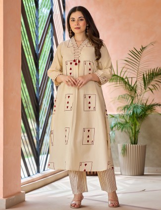Beige cotton printed kurti set for women casual wear