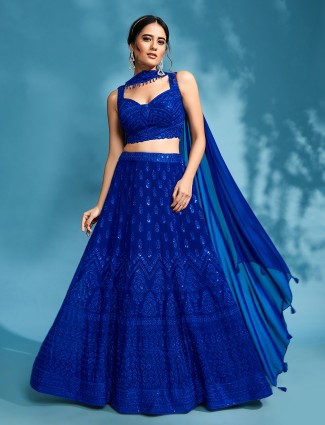 Blue georgette lehenga choli with sweetheart neckline