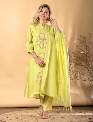 Lime yellow kurti set in cotton silk for women