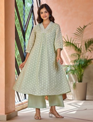 Pista green printed cotton kurti set for women