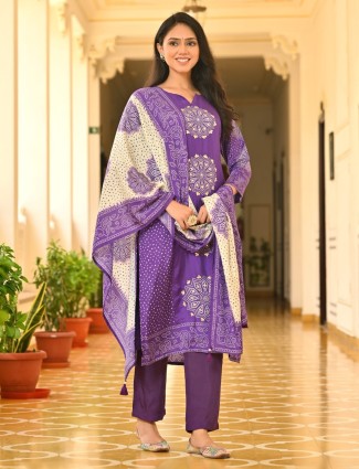 Purple silk printed kurti set with dupatta