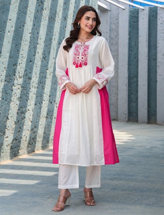 White and pink cotton kurti set for women festive wear
