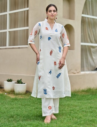 White cotton kurti set with thread work for women